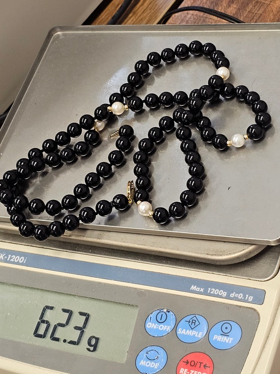 Vintage 14k Yellow Gold Beaded Black Onyx Pearl Necklace