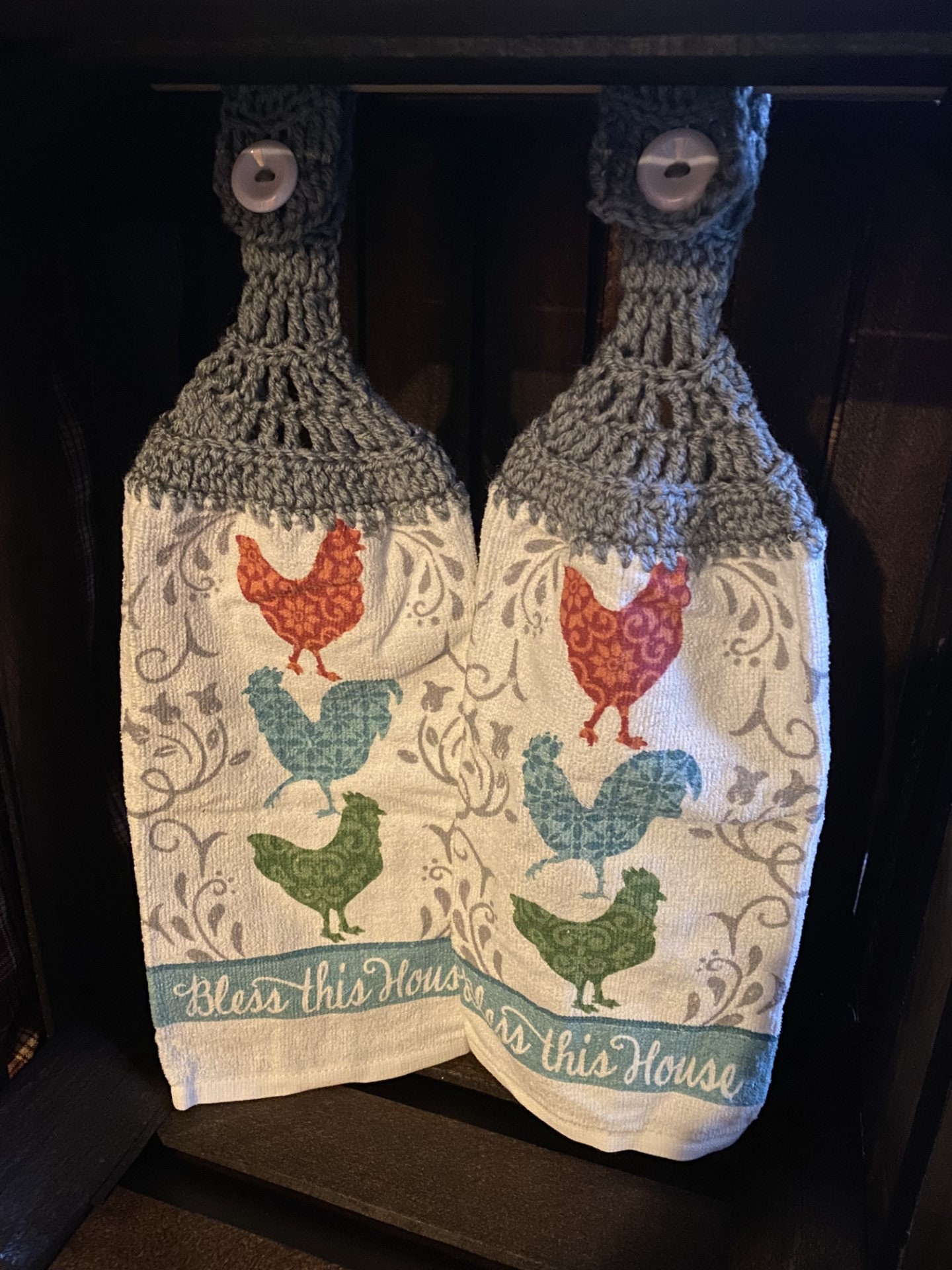 39 Rooster Crochet Patterns to Add Farmhouse Charm to Your Home Decor 28 Bless This House Roosters/Chickens "2 Pcs Set" Tea Towels
