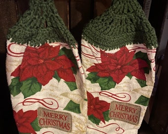 Merry Christmas Poinsettia &quot;2Pcs Set&quot; Tea Towels White Towel Green Top