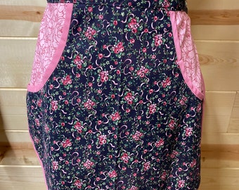Half Apron Black with Pink Flowers