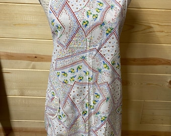 Summer Everyday Apron Red White with Blue Flowers Print