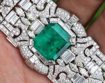 Certified Colombian Emerald Art Deco Bracelet with Diamonds 18K 38.32ctw