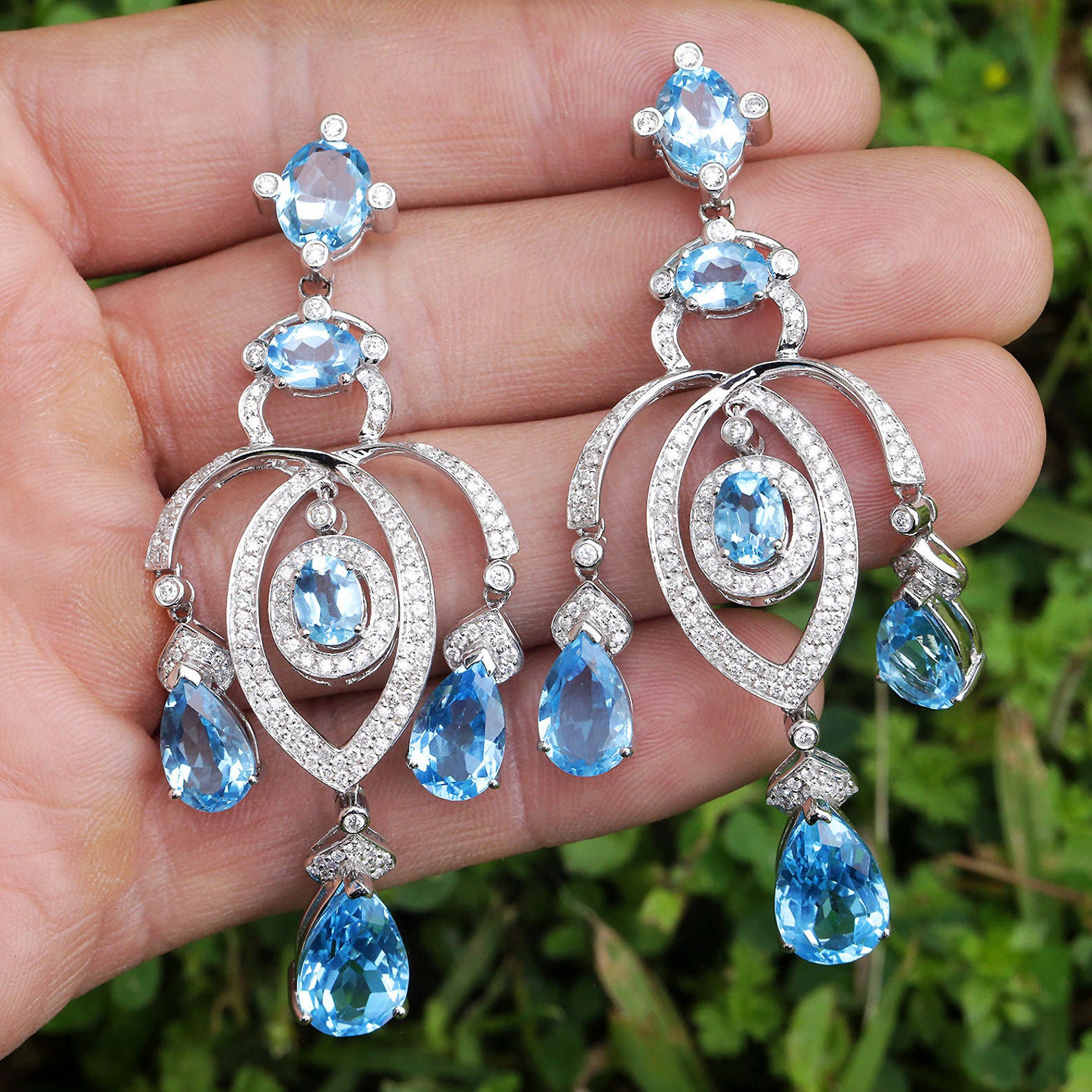 Swiss Blue Topaz Chandelier Earrings With Diamonds 18K White Etsy