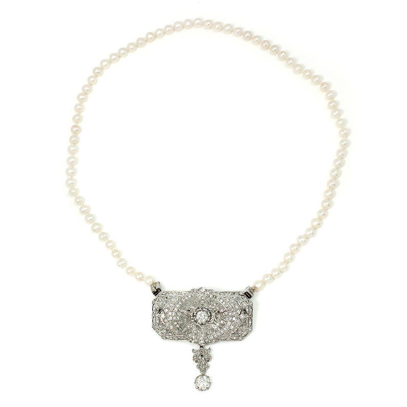 Vintage European Diamond Pendant Pearl Necklace in Platinum | Etsy