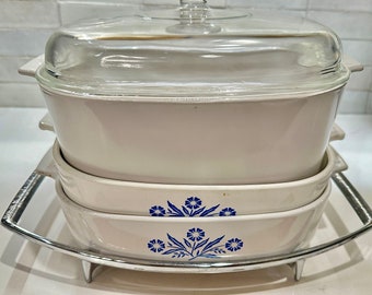 Vintage Corning Ware Blue Cornflower 5-piece set with cover and cradle P-16-B A-1-B A-5-B