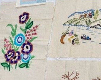 Vintage Embroidery Panels Completed - some with original patterns