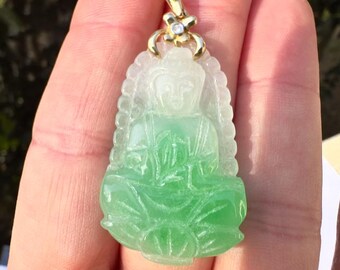 Vintage Jade Quan Yin Pendant 14K Gold Diamond Accent, Carved Green Jade, Estate Jewelry