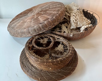 Set of Antique Hand-Woven Pine Sewing Work Baskets Lidded