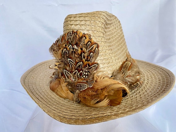 Vintage Pheasant Feather and Straw Hat - Western … - image 1