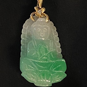 14K Gold Jade Quan Yin Pendant with diamonds - Chinese Carved Jadeite - Beautiful Estate Piece
