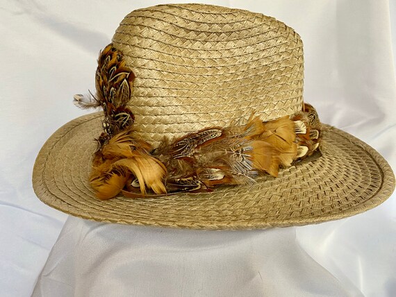 Vintage Pheasant Feather and Straw Hat - Western … - image 2