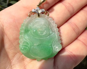Vintage Jade Buddha Pendant 14K Gold Diamond Accent, Green Jade Carved Pendant, Estate Jewelry Gift