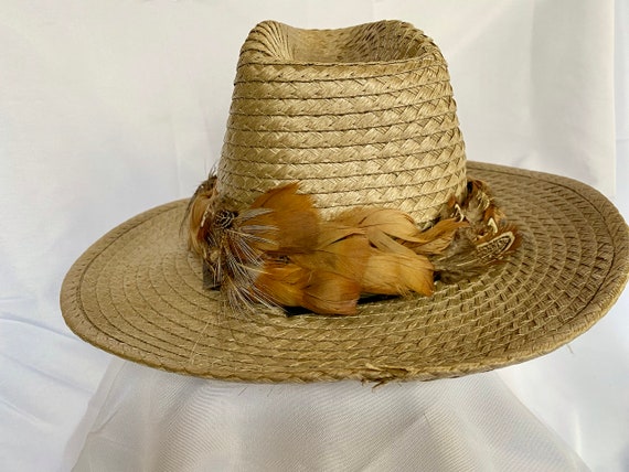 Vintage Pheasant Feather and Straw Hat - Western … - image 3