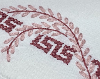 Vintage Linen Pillowcases - Hand Embroidered Greek Key Pink