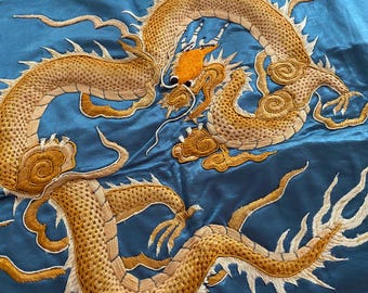 Antique Chinese Silk Embroidery – Golden Orange Dragon on Blue Silk, Hand Stitched Textile Art