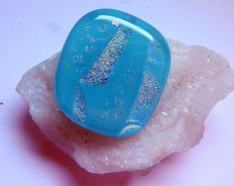 Turqouise Fused Glass Cabochon - Dichroic Glass - Rainbow Accents - 1 1/8 x 1 1/4