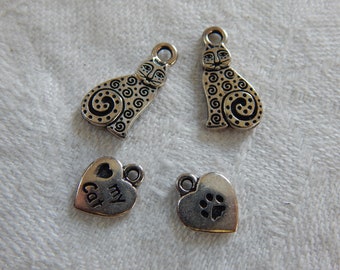 2 Sets AGP Pewter Cat Charms/ Kitty Paws/ Sitting Cat/ Double Sided