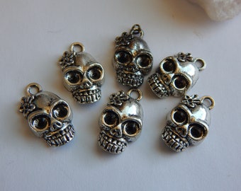 6 Pcs. Silver Plated Skull Charms/ One Sided/ 10x22MM