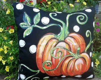 Orange Pumpkin and Vines, Black and White Polka Dot, Fall Pumpkin Pillows, Pillow Cover