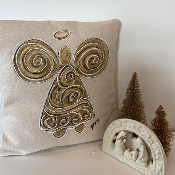 Gold and Silver Angel Pillow Hand painted Pillows Gold Glitter