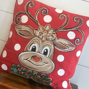 Red White Polka Dot Reindeer Hand-painted Pillow Cover