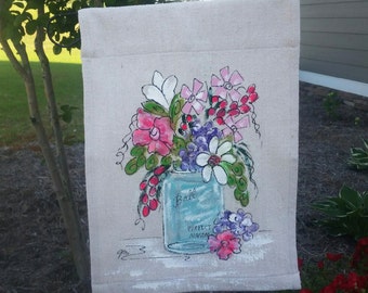 Drapeau de jardin, Pot de maçon, boutique de printemps de roses et de pourpres, décorations de maison, art de cour, jardin, patio, articles ménagers, peints à la main, no 201