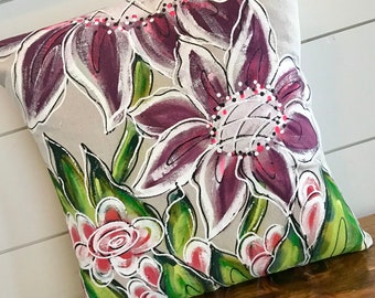 Large Purple Flowers, Purple Pillow, Hand Painted, Pillow Cover