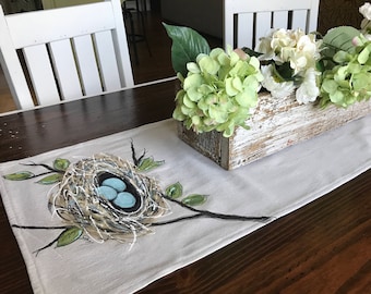 Table Runner, Robin's Nest, Robin's Eggs, Robin Blue, Spring, Summer, Holiday, Handmade, Hand-painted