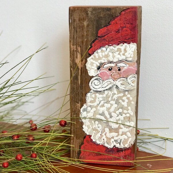 Hand-painted, Santa on Distressed Wood, Farmhouse Christmas Decor