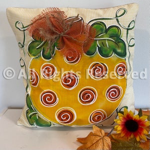 Swirl Dot Pumpkin on Yellow White Gingham Hand-painted Pillow Cover