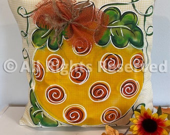 Swirl Dot Pumpkin on Yellow White Gingham Hand-painted Pillow Cover