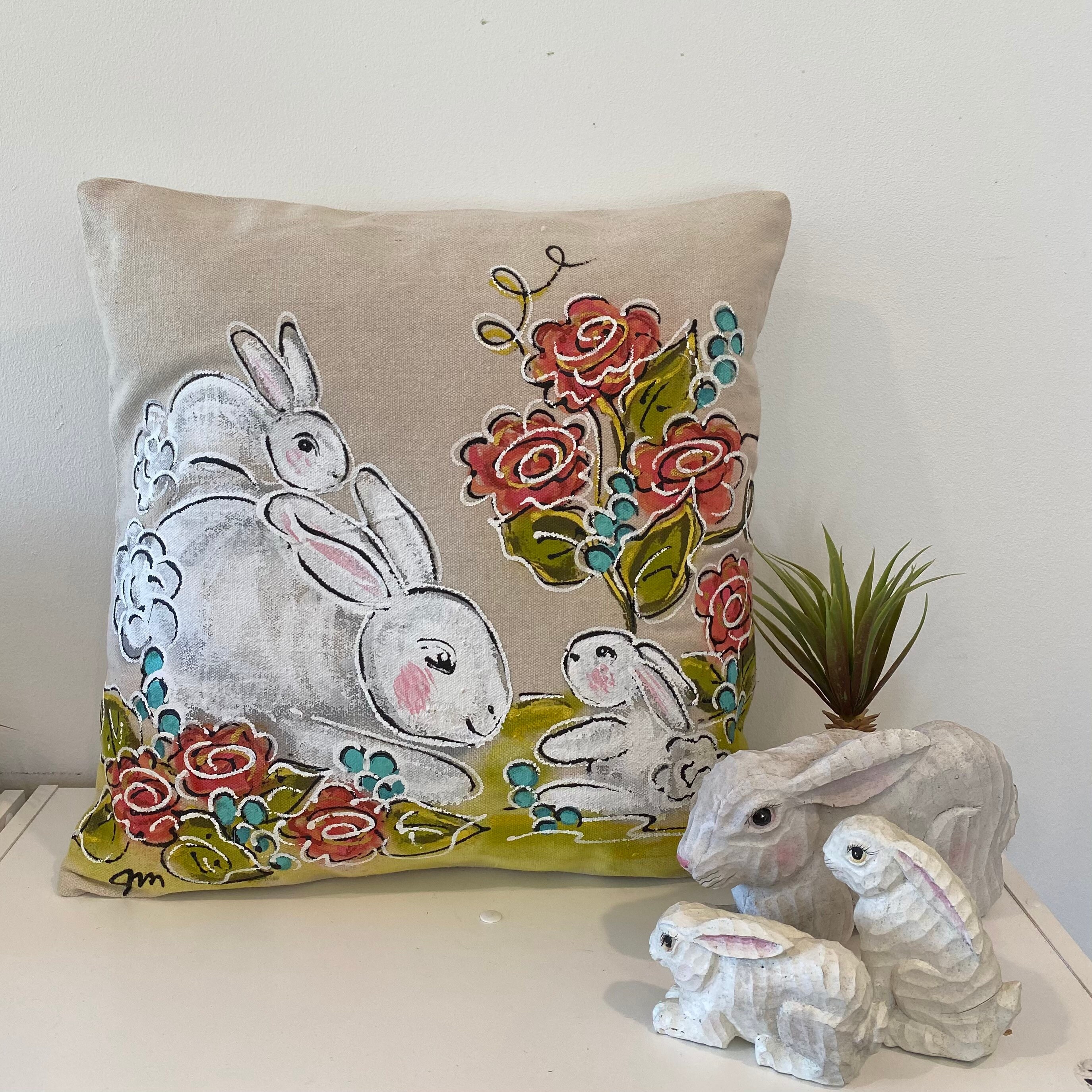 Three Easter Bunnies with Flowers, Hand-painted, Pillow Cover