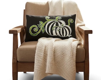 Black Lumbar White Pumpkins and Polka Dots Hand-painted Lumbar Pillow Cover