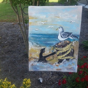 Beach Scene Flags, Hand-painted Flags, Nautical Yard Art, Beach and Resort, Seagulls, Yard Decor, Garden Decor, Anchors, Ocean, No. FLG34