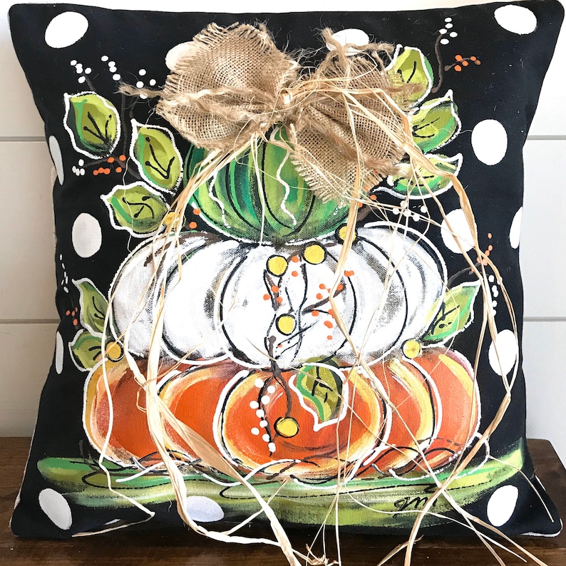 Green Orange Stacked Pumpkins on Black and White Polka Dots Pillow Cover Fall Hand-painted White