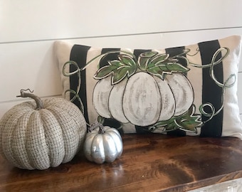 White Pumpkin, Black Striped Lumbar, Hand-painted Pillow, Pillow Cover