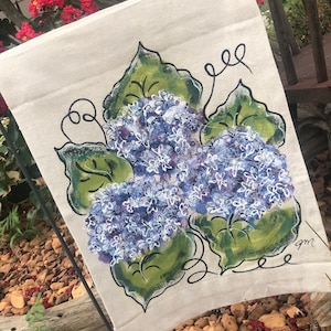 Blue Hydrangea Flag, Hand-painted, Garden Flag, Home Decorations, Spring Outdoor Decorations, Door Hanger, Sipping Iced Tea, No. FLG05