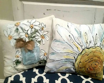 Mason Jar with Daisies, Sunflower Pillow, Gifts for Women, Hand-painted, Pillow Cover