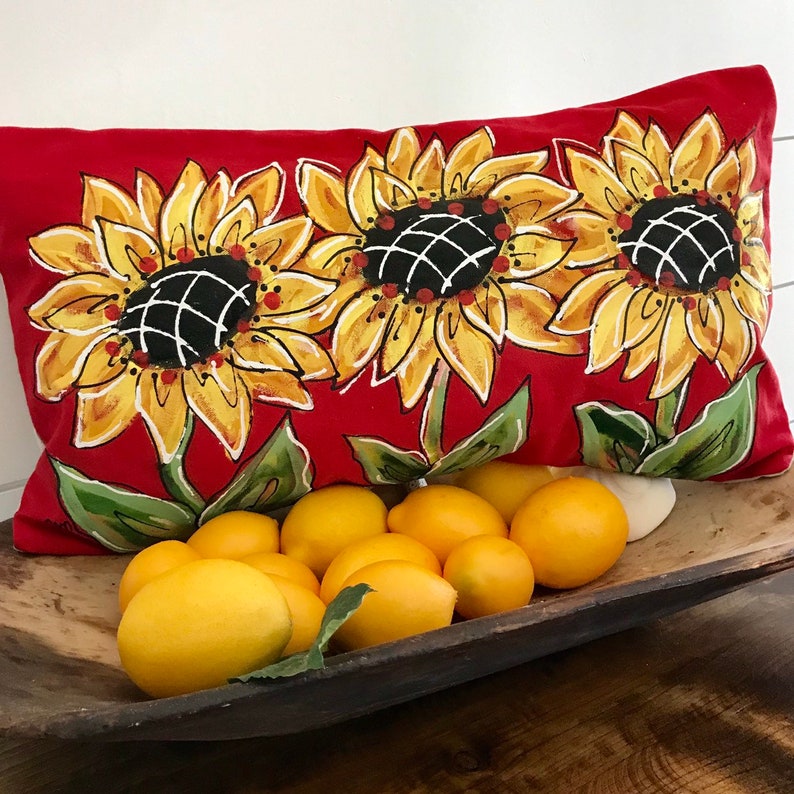 Yellow Sunflowers Red Lumbar Handpainted Pillow Spring and Etsy