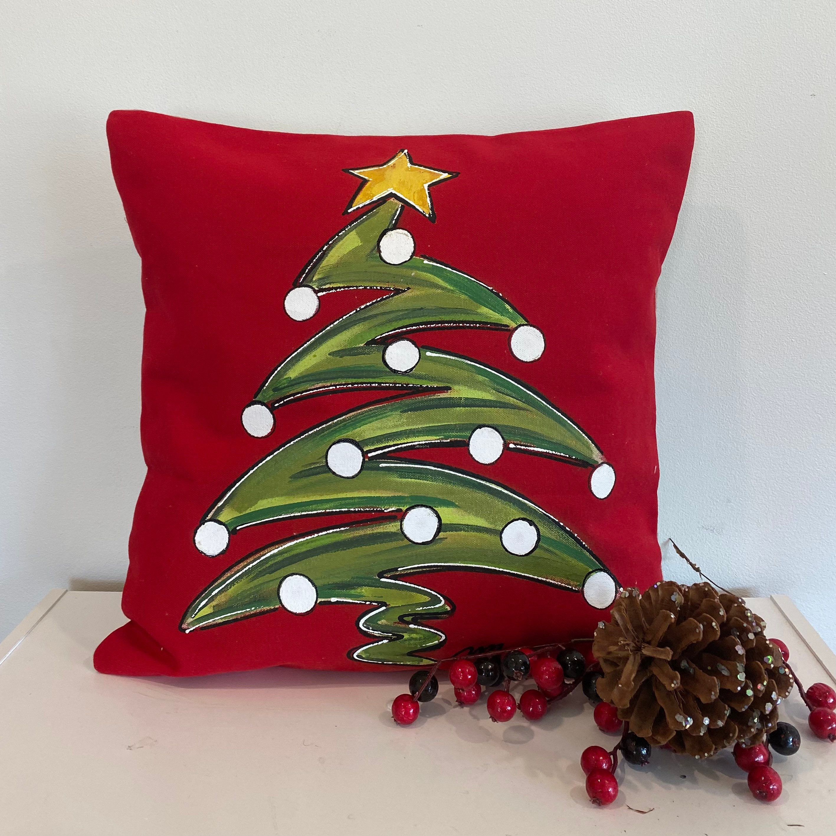 Christmas Tree on Red Hand-paintedpillow Cover - Etsy
