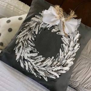 White Wreath on Gray, Hand-painted Pillow, Christmas, Handmade, Pillow Cover