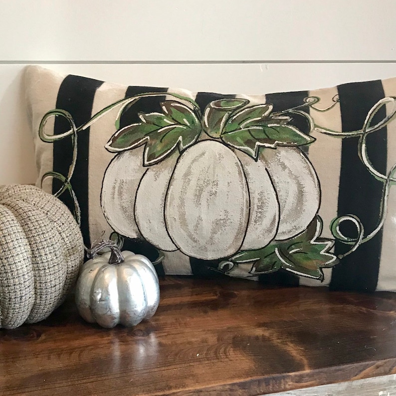 White Pumpkin Black Striped Lumbar Handpainted Pillow Etsy