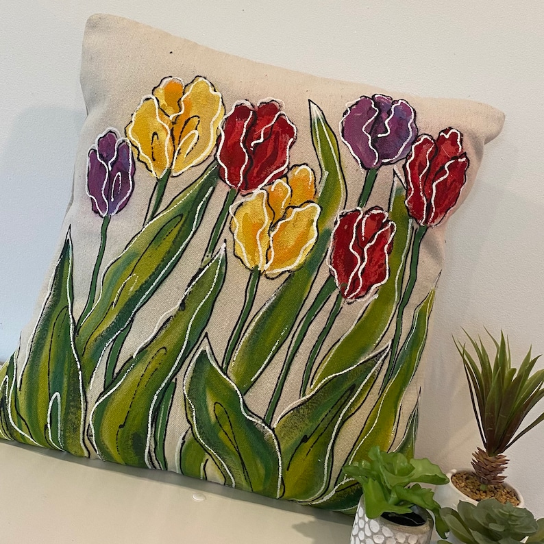 Hand-painted Yellow Red Pillow Cover Pillow with Hand-painted Tulips Purple Coordinating Accent Pillows