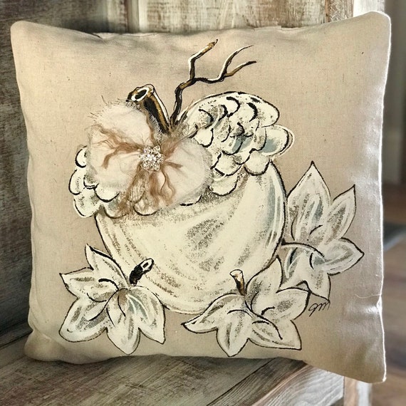 White Acorn Pillow Hand painted Fall Pillow Farmhouse Pillows Pillow Cover Etsy
