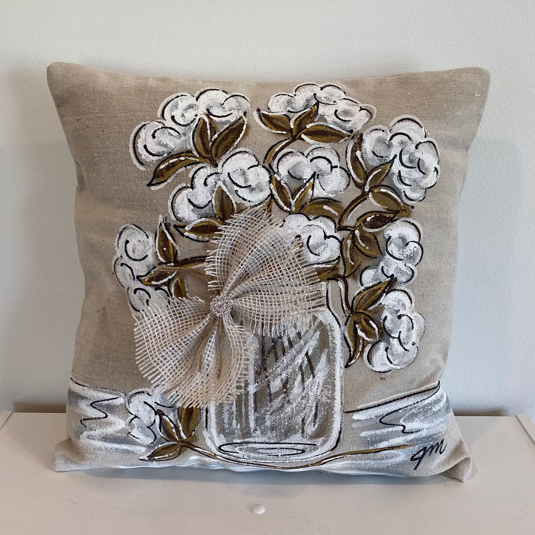 Cotton Bolls in Mason Jar Hand painted Pillow Cover Etsy Canada