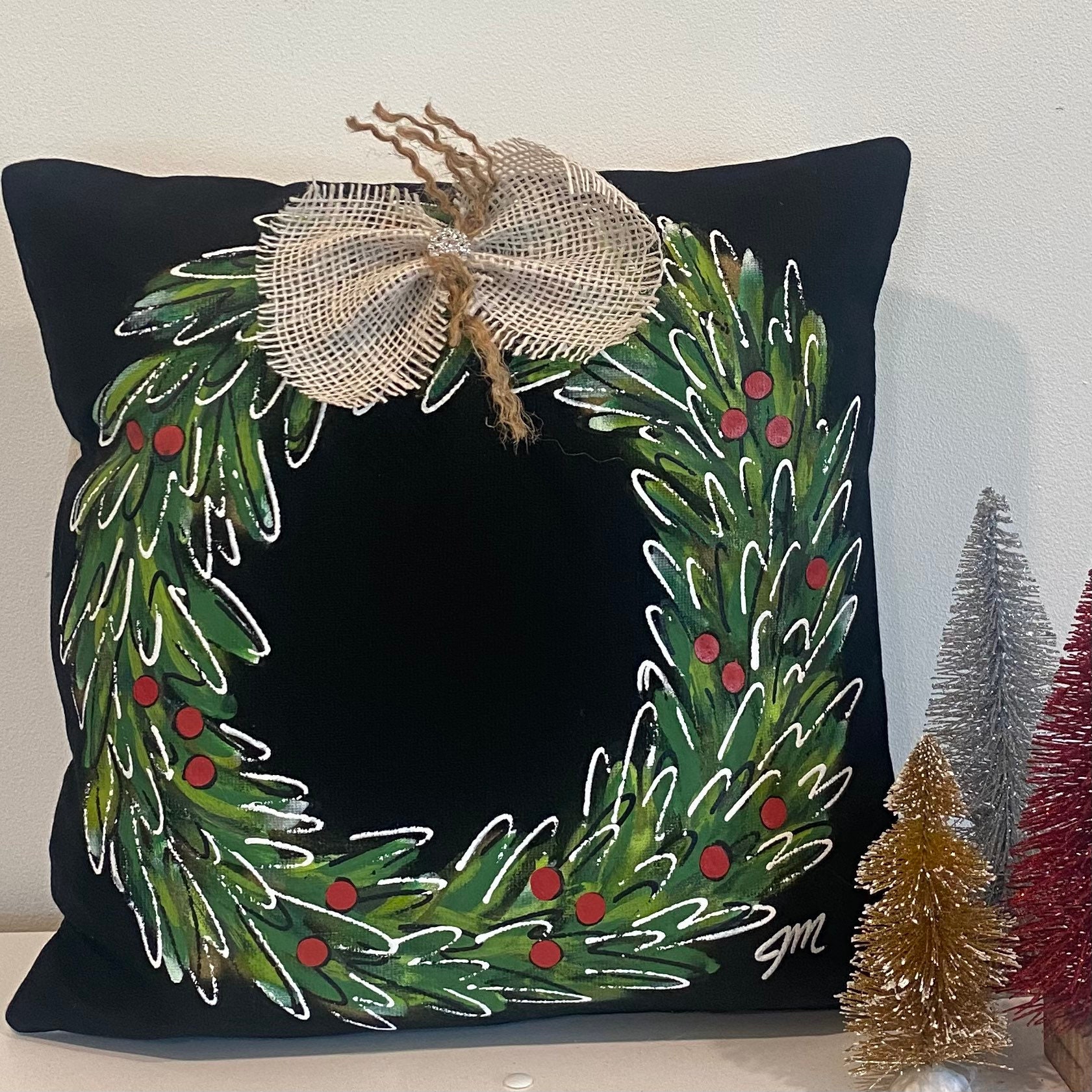 Green Christmas Wreath, Red Berries, Hand-painted Pillow, Black, Pillow ...