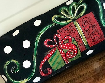 Christmas Packages, Red and Green, Black Lumbar Pillow, Hand-painted, Handmade, Pillow Cover