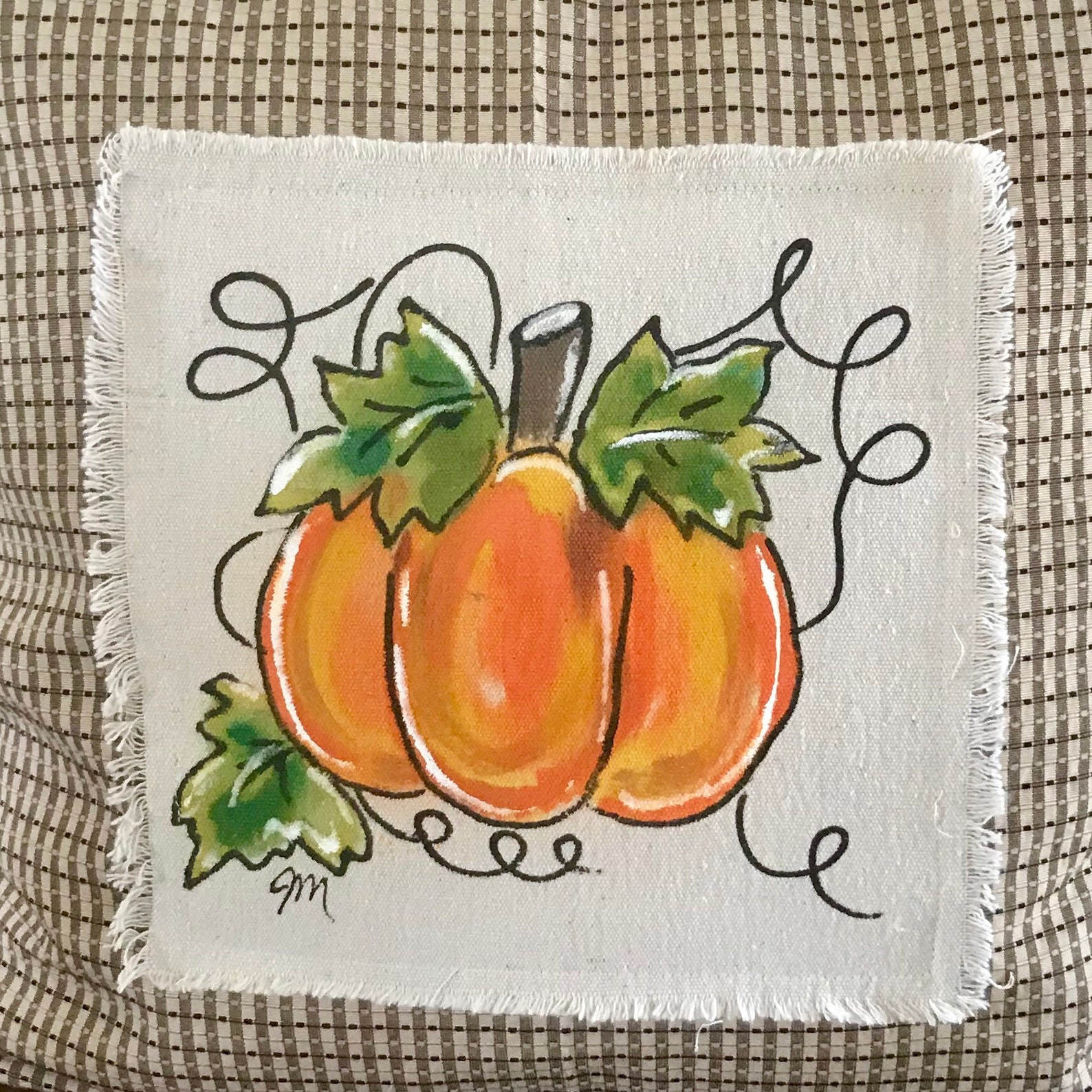 Plaid Pillow Handpainted Pumpkin Pillow Fall Pillows Tan Etsy