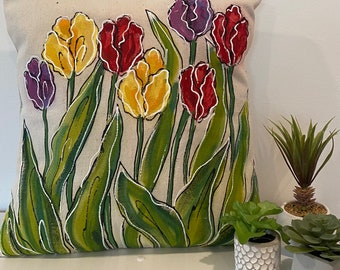 Tulips, 18" x 18" Purple, Red, Yellow, Blue Hand-painted, Pillow Cover