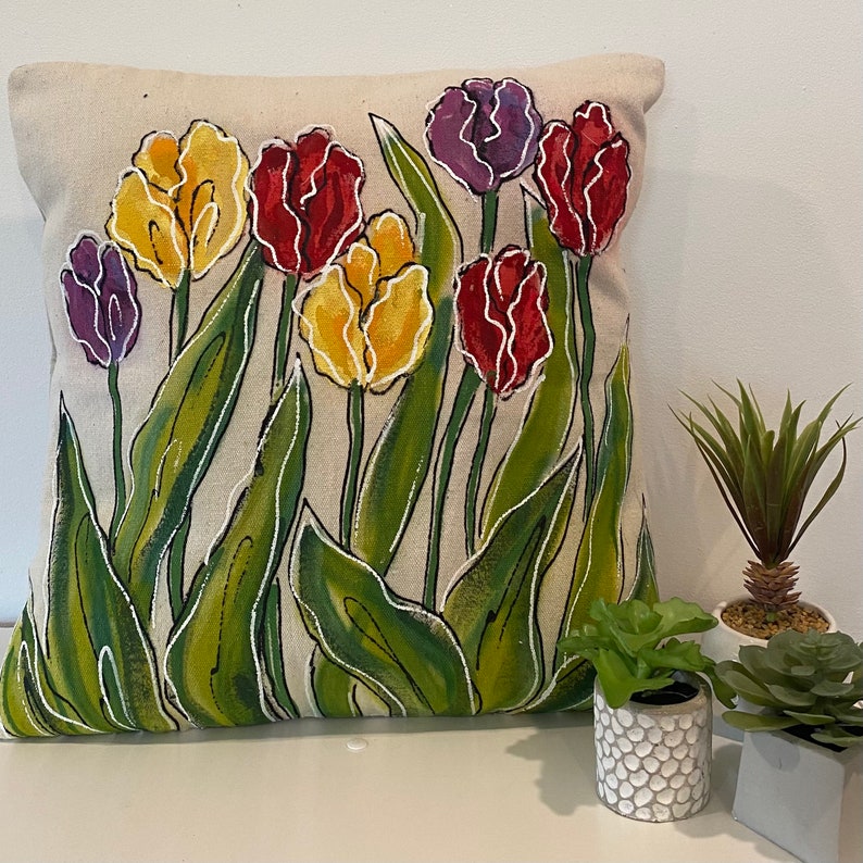 Hand-painted Yellow Red Pillow Cover Pillow with Hand-painted Tulips Purple Coordinating Accent Pillows